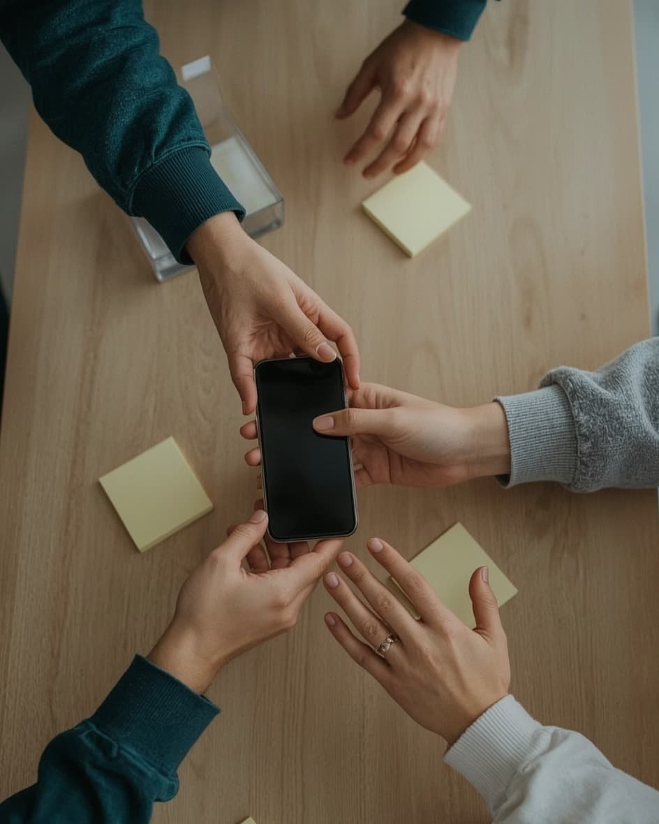 Várias mãos disputando um único celular em cima de um balcão.